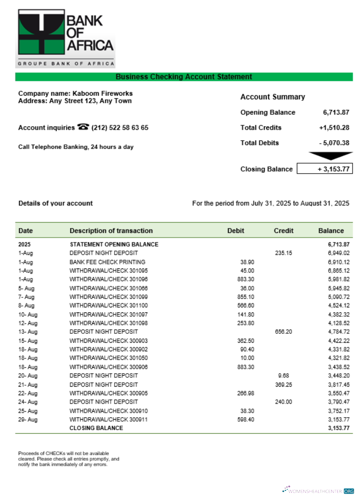 Burundi Bank of Africa bank organization checking account statement Word and PDF format